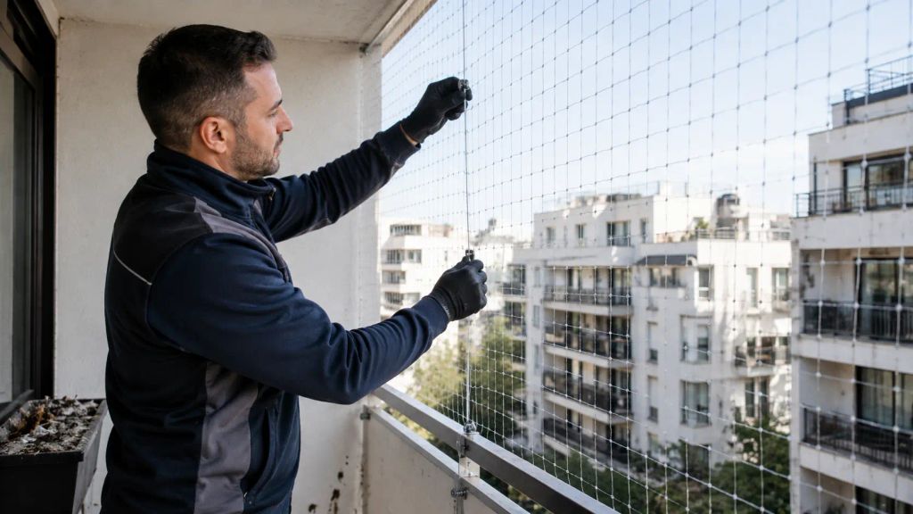 מתקין מקצועי מתקין רשת להרחקת יונים במרפסת של בניין מגורים