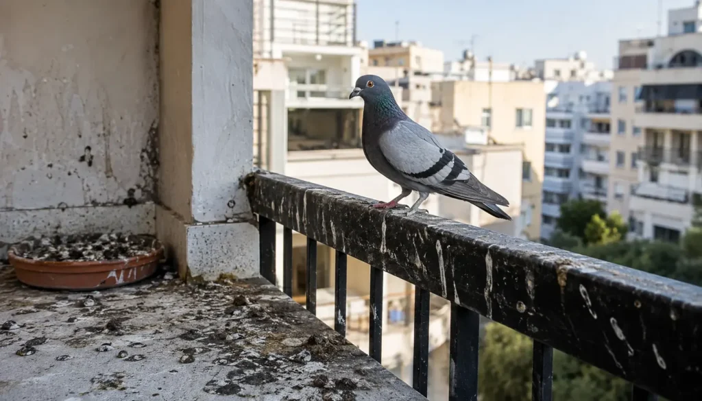 יונה עומדת על מעקה מרפסת עם הצטברות לשלשת יונים בבניין מגורים עירוני